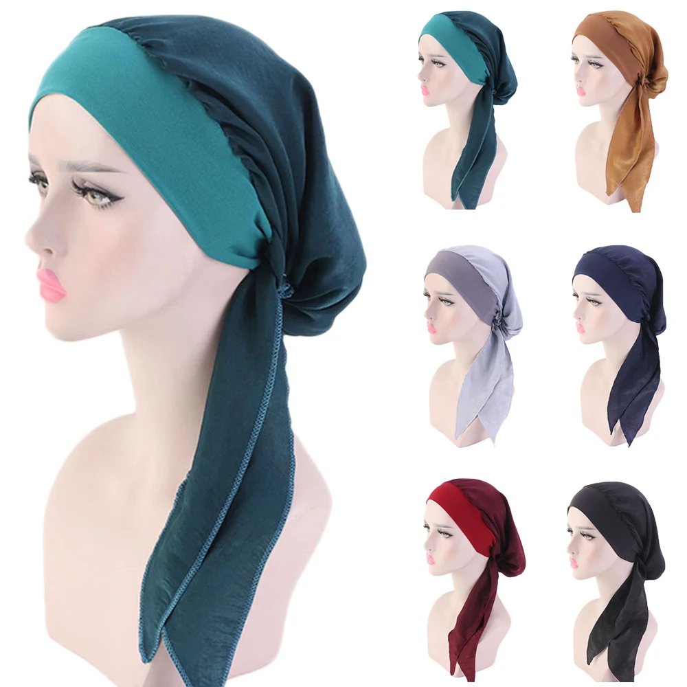 Muslim Women Hair Loss Cancer Chemo Cap Turban Beanie Islamic Head Wrap Long Tail Ruffle Pre-tied Bandana Tichel Headwear