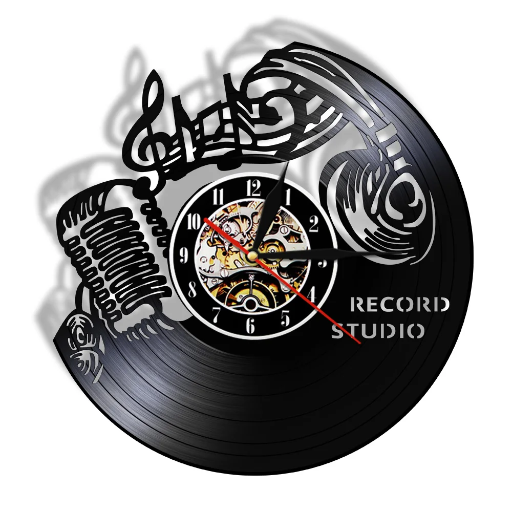 Record Studio винтажные 1" черные подвесные настенные часы с музыкальной нотой рок-н-ролл гарнитура микрофон светодиодный часы с подсветкой zegarki szcienne