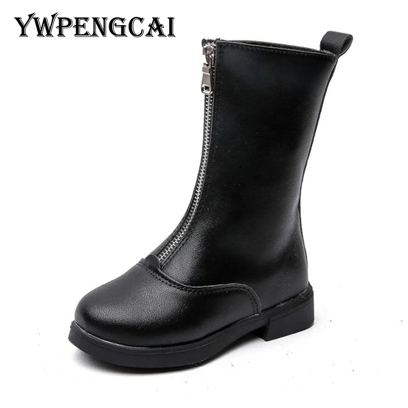 YWPENGCAI/осенне-зимние детские сапоги из мягкой искусственной кожи для девочек; высокие сапоги на молнии спереди; цвет черный, красный; сапоги для девочек; размеры 27-36