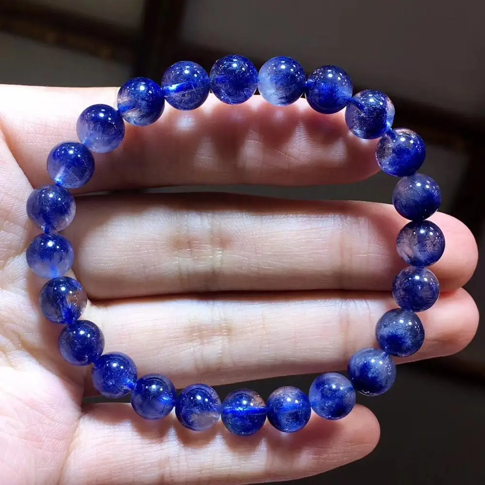 

Top Natural Blue Dumortierite Quartz Rutilated Crystal Women Men 8mm Round Beads Rarest Stone Bracelet Drop Shipping AAAAAA