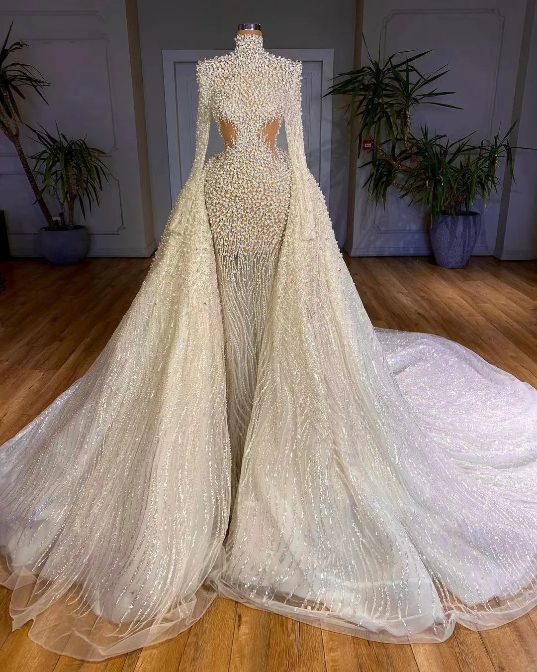 Pearls Long Sleeve Wedding Dresses Beading Bridal Gowns With Detachable Skirt Dubai vestido de novia Customise