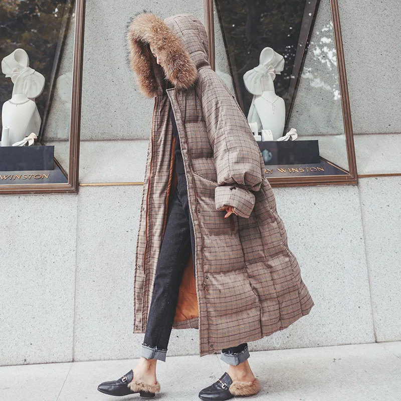 

2019 Winter New Style Large Fur Collar over-the-Knee Thick Plaid down Jacket Cotton-padded Clothes Women's Mid-length Large Size