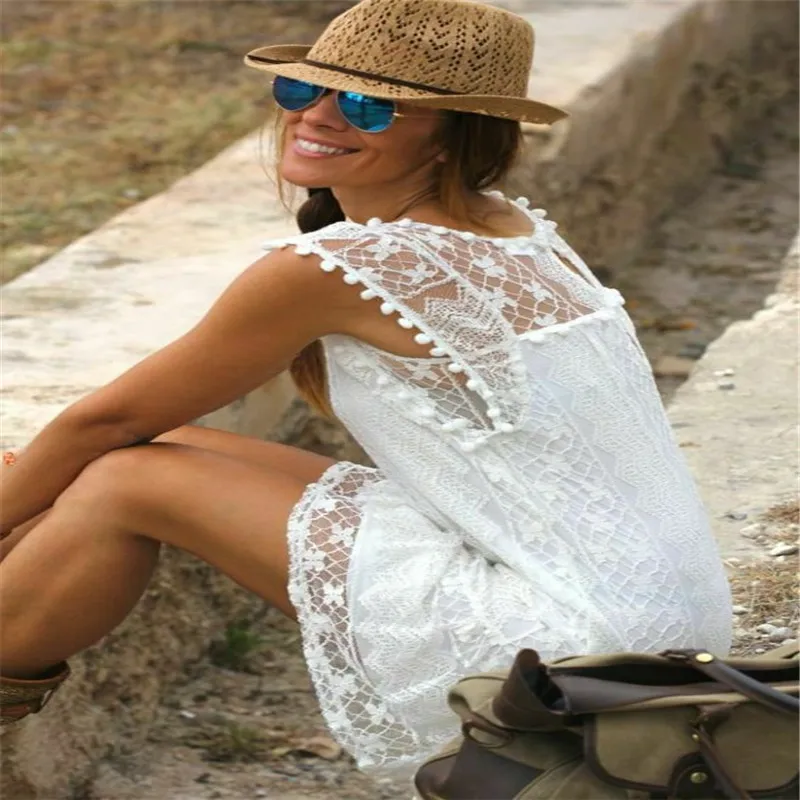 New 2020 White Dress Women Casual Lace Sleeveless Beach Short Dress Bohemian Tassel Clothes Mini Dresses Sukienka Damska Vestito