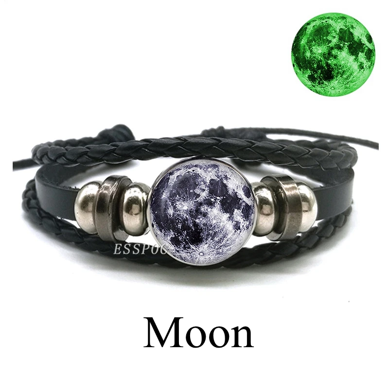 Светится в темноте солнечная система Браслет Луна земля Космос планета кожаный браслет Шарм для женщин и мужчин модные светящиеся браслеты - Окраска металла: size 1