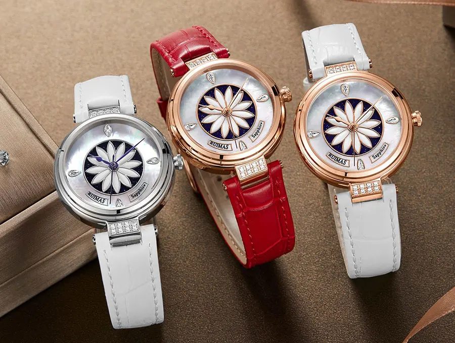 RUIMAS, женские часы, Роскошные, с красным кожаным ремешком, автоматические наручные часы, с цветным циферблатом, механические часы для девушек, водонепроницаемые часы 6776