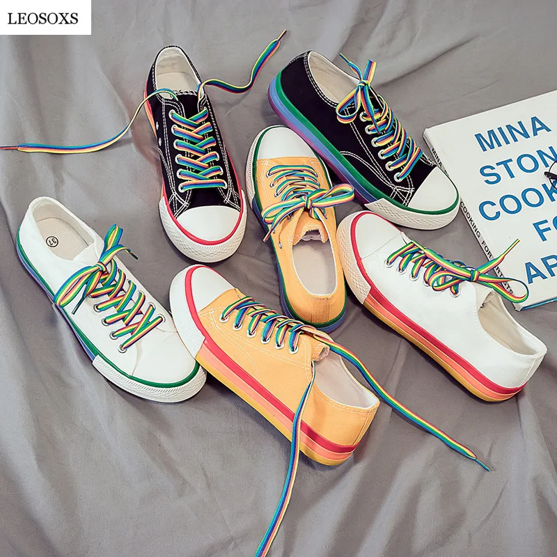 

LEOSOXS Rainbow White Shoes Woman Canvas Sneakers With Color Lace 2020 Autumn New Female Casual Sneakers Platform Shoes White