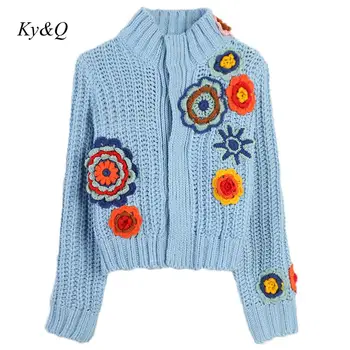 

Runway Brand Designer 2019 Winter Women Flower Embroidery Long Sleeve Slim O-neck Knit Cardigan Luxury Short Sweater Christmas