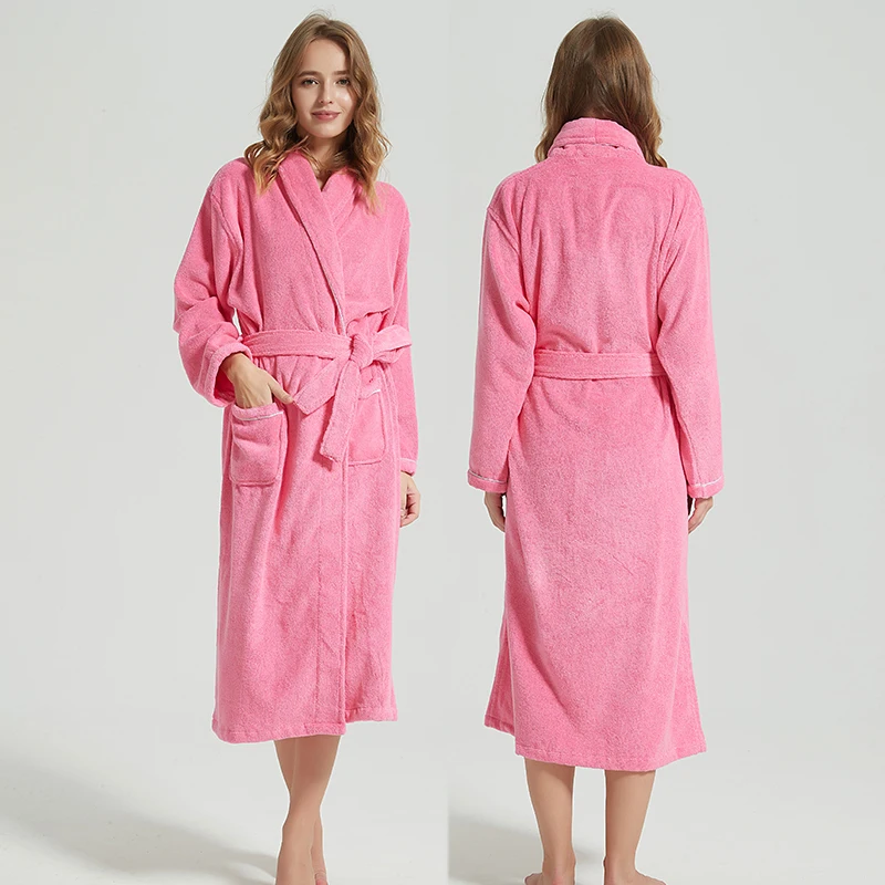 PINK Мужской зимний халат, хлопок, удлиненная шаль, халат, домашняя одежда, длинный рукав, мужской халат, полотенце, флис, для подружки невесты - Цвет: PINK