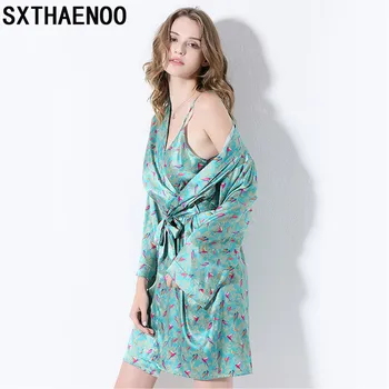 

Irene Tinnie Real Silk Sleeping Robe Sets Female Two-Piece Natural Silk Sleepwear Women Printed Long-Sleeved Bathrobes