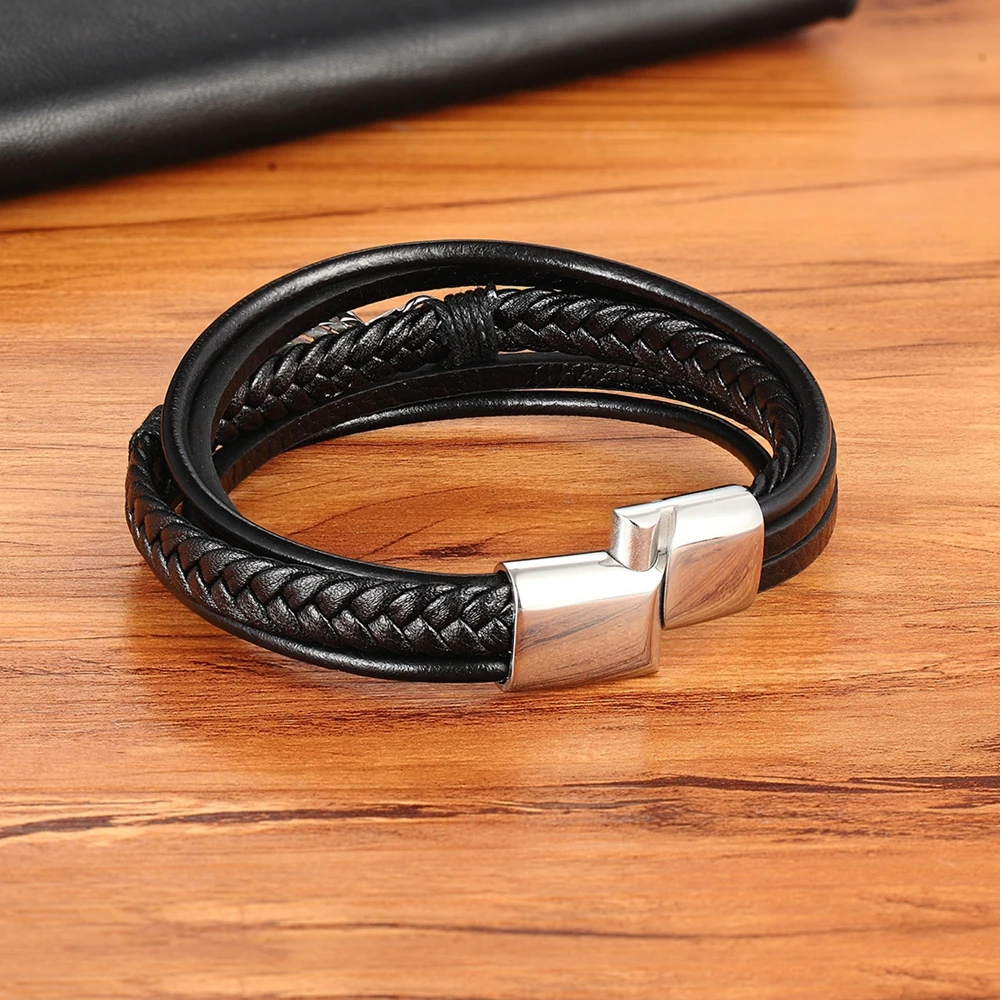 Multi-layer Leather Feather Shape Accessories Men’s Bracelet Stainless Steel Leather Bracelet For Special Birthday Present