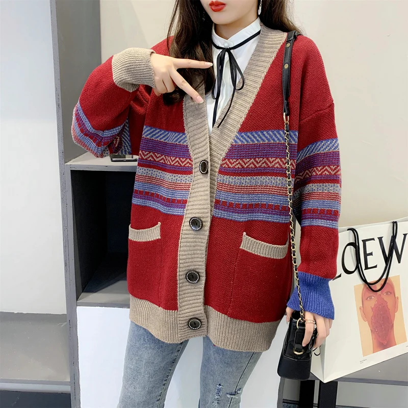 

Coat Knit Sweater Women Autumn Winter 2020 New V Neck Women's Sweater Cardigan Loose Sweater Coat Striped Korean Tops 611H