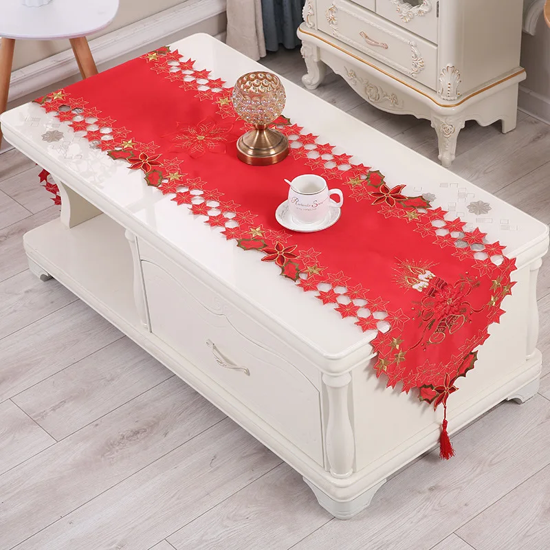  vezon New Christmas Embroidery Red Table Runner Satin Embroidered Xmas Candle Tablecloth Cutwork Ta
