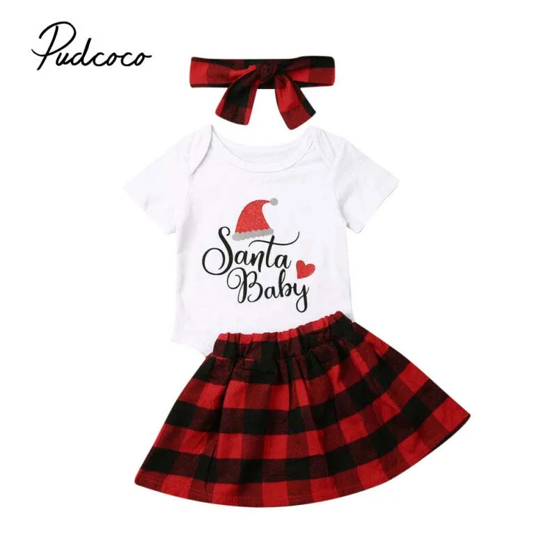 Г. Брендовый комбинезон для новорожденных девочек на первое Рождество, клетчатая юбка-пачка Рождественский наряд Детский комплект одежды из 3 предметов с короткими рукавами