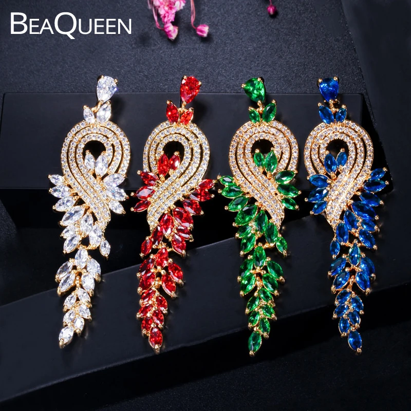 Женские длинные висячие серьги BeaQueen элегантные свадебные золотого зеленого