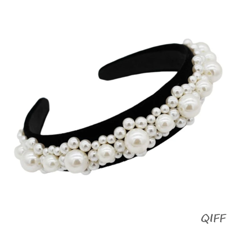 Минималистичная Романтическая Свадебная повязка на голову для женщин свадебный полный крупный искусственный жемчуг с бисером широкий обруч для волос ювелирные изделия эластичная тиара головные уборы - Цвет: A