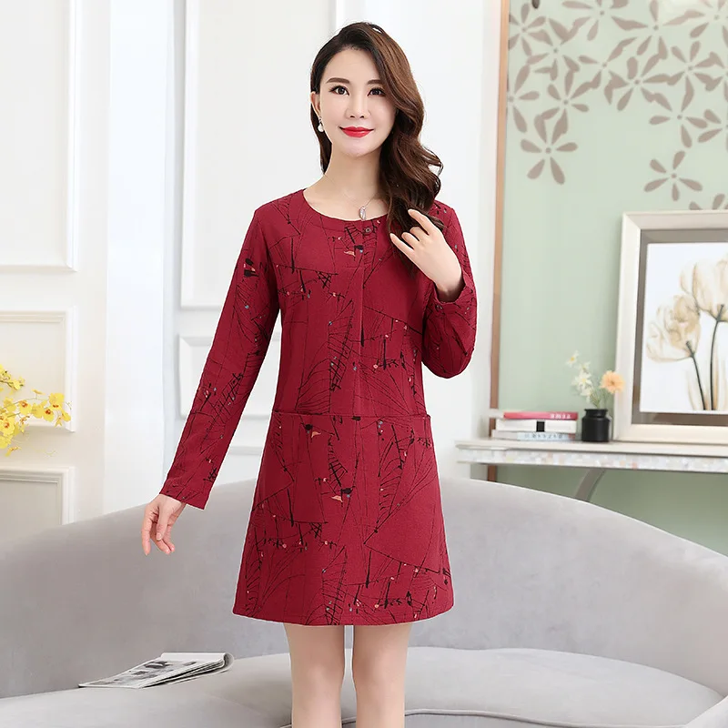 

Middle-aged WOMEN'S Apparels Plus-sized Cotton Linen Dress 40-Year-Old Mom Spring And Autumn Long Sleeve Thin Base Skirt New Sty
