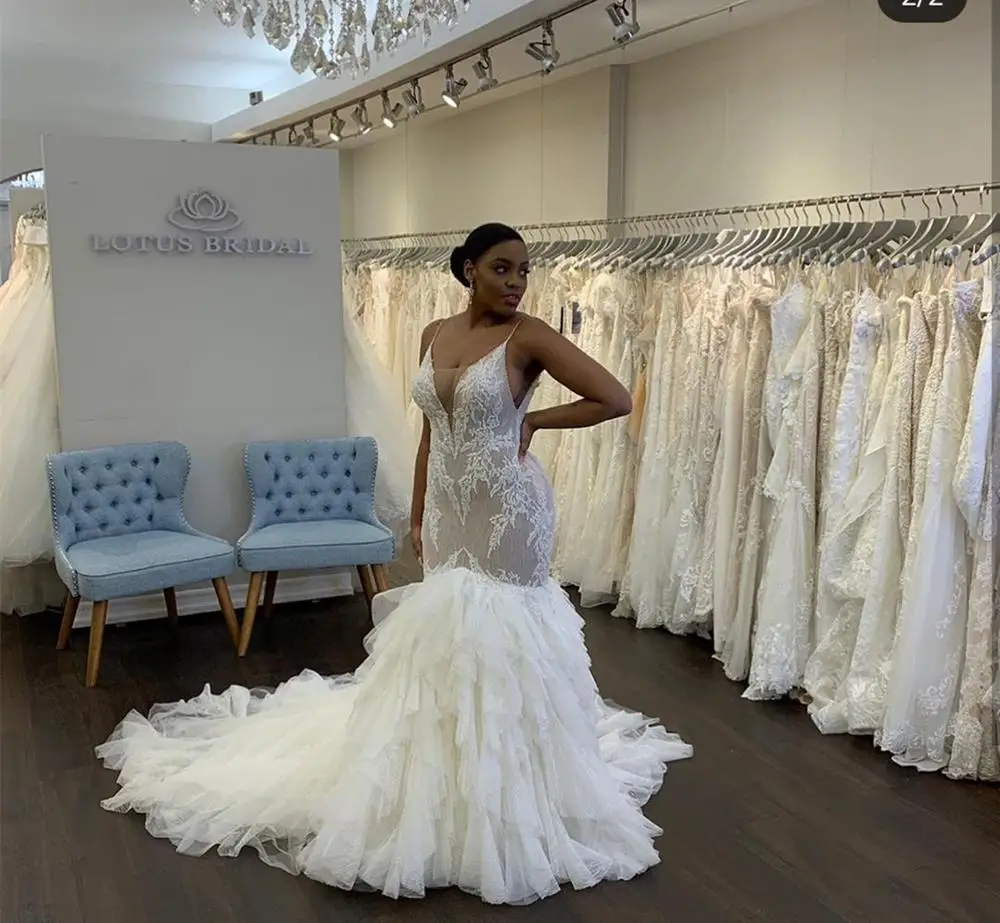 

wedding dress mermaid african with ruffles backless bridal gowns spaghetti strap abiti da cerimonia da sera abiti da sposa tagli