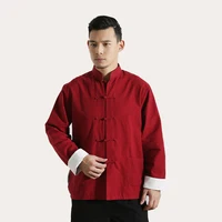 Red 100% Cotton Men's Solid Traditional Chinese Kung Fu Jacket Coat Tai Chi Uniform Double deck Long Sleeve Shirt t shirt homm 1