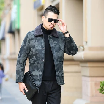 

new Camouflage genuine leather coat for men sheepskin leather hooded jacket winter jackets for men free shipping