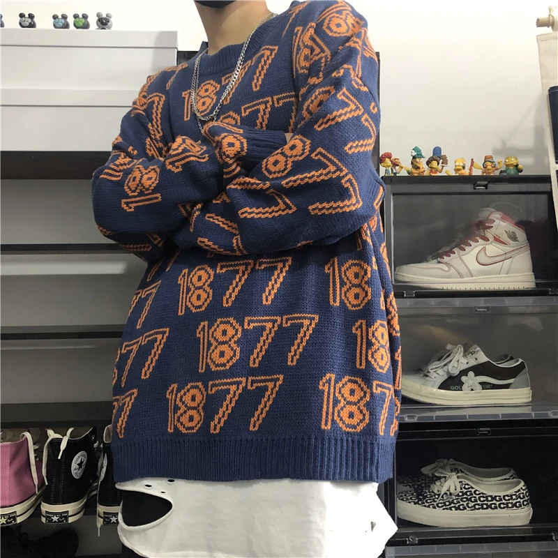 UYUK2019 зима Повседневный свободный модный тренд Harajuku дикий круглый вырез цифровой узор Мужской свитер Одежда Homme