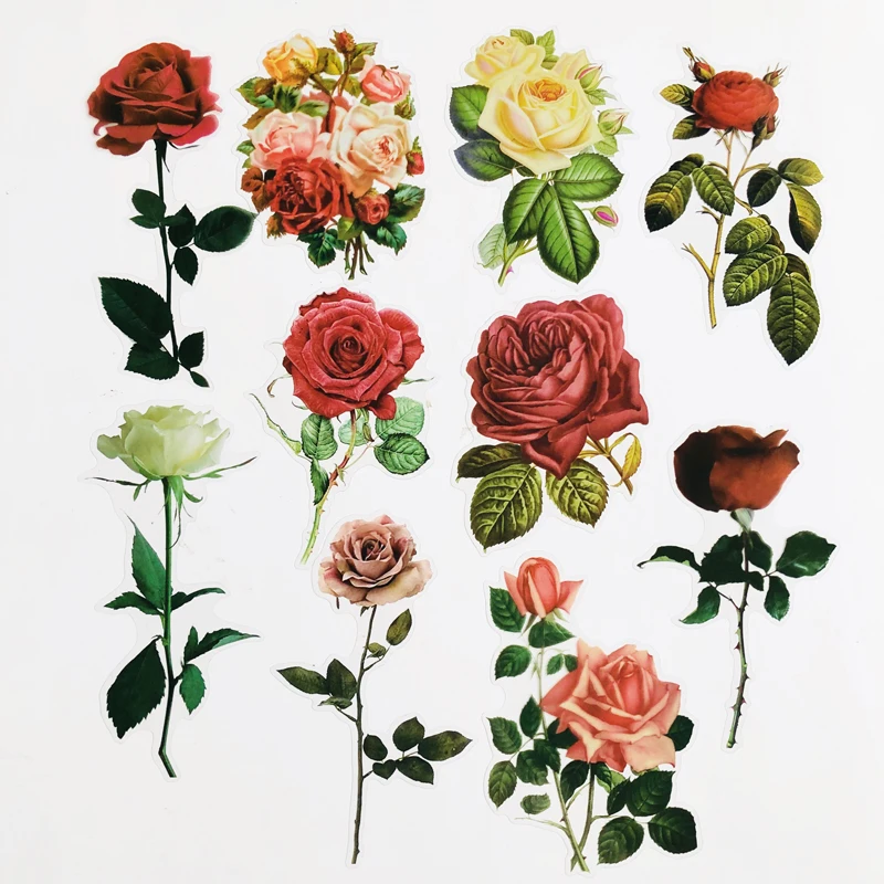 

10 pcs /Bag Big Size Rose Flowers PVC Decorative Adhesive Sticker DIY Craft Notebook Decoration