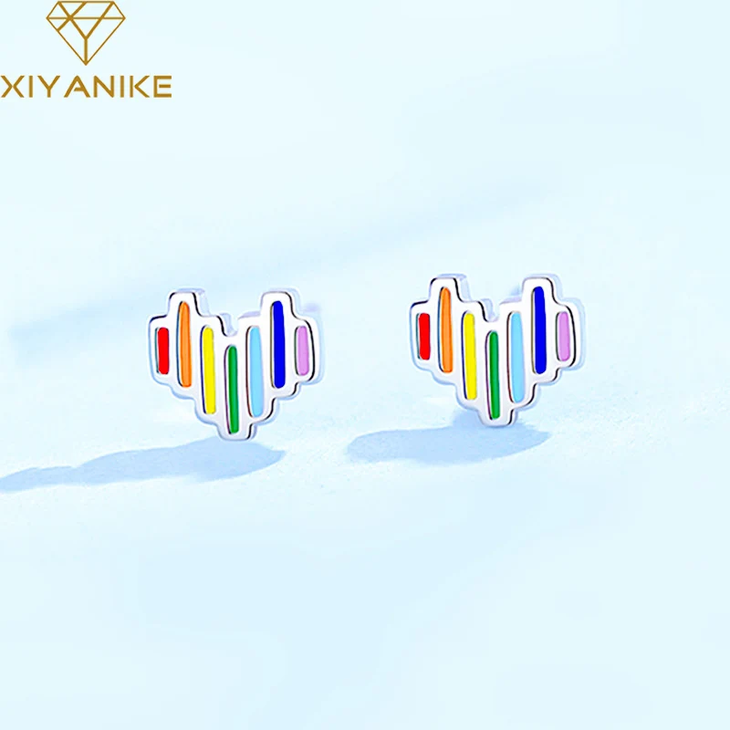 

XIYANIKE 925 Sterling Silver Creative Rainbow Heart Stud Earrings Prevent Allergy For Women Trendy Elegant Party Jewelry Gift