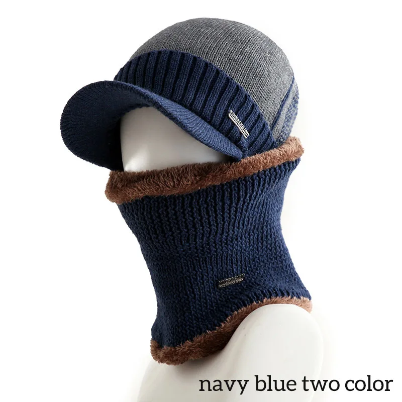 navy blue two color Модные трендовые зимние шапки, шарф для мужчин, черепица шерсть, женская шапка, вязаная шапка, набор шарфов - Цвет: navy blue two color