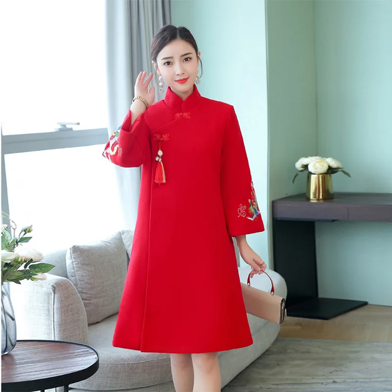 

Plus Velvet Thick Cheongsam Coat 2018 New Style Ethnic-Style Improved Cheongsam Embroidered Stand Collar Woolen Coat