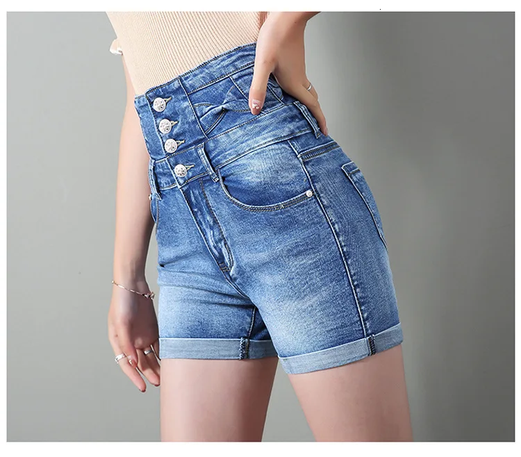 0613 Лето повседневное джинсовые шорты с высокой талией для женщин Slim Fit Тонкий стрейч черный/синий однобортный джинсы