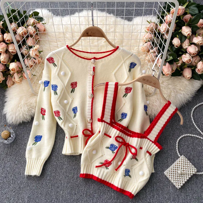 

Korean Sweet Autumn Winter Women Embroidery Knitted Set Long Sleeve Short Cardigan+Sexy Slim Strap Top Two Piece Suits