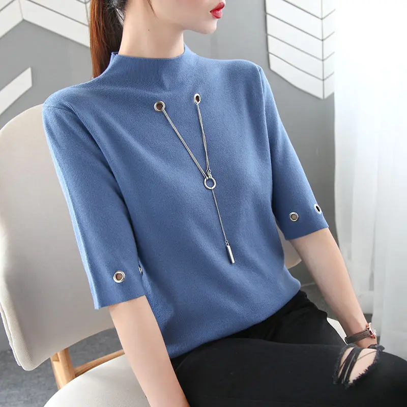 

Middle Sleeve Turtleneck Sweater Women Hollow Chain Knitted Sweater Loose Casual Women's Autumn New Female Patchwork