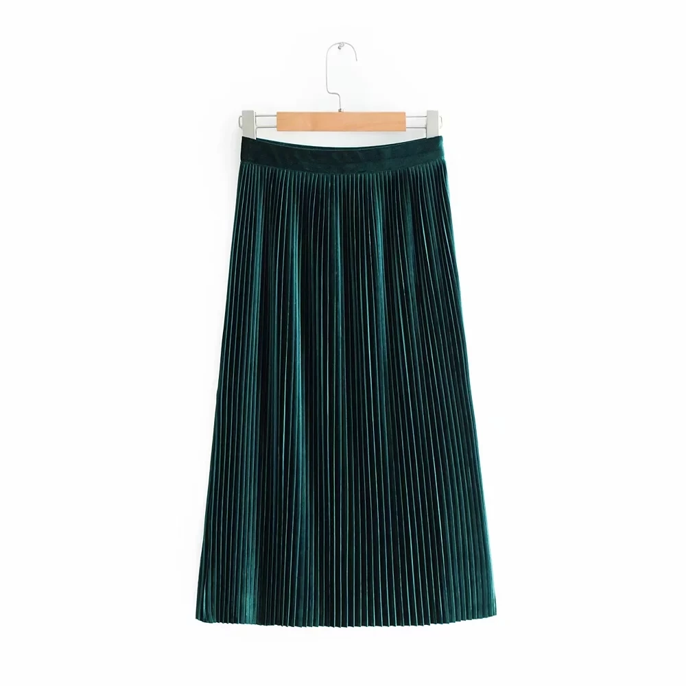 Женская бархатная юбка с высокой талией, Повседневная Зеленая плиссированная юбка, шикарная винтажная Длинная зимняя юбка макси zora Skirt faldas mujer moda - Цвет: Green