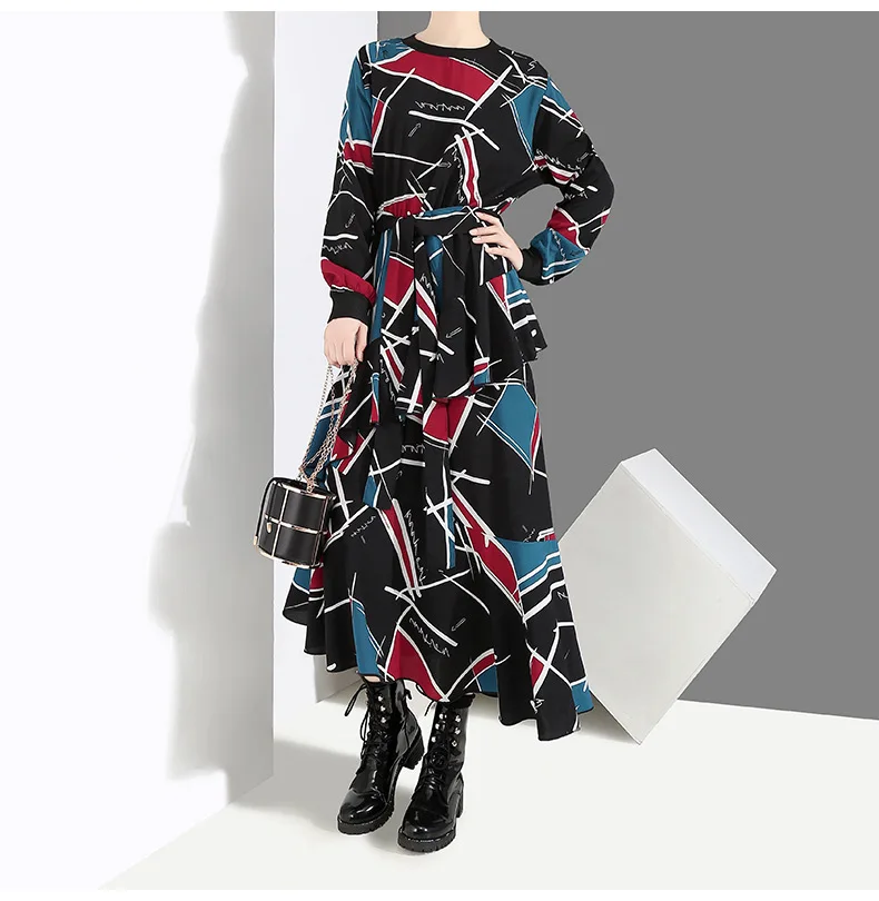 [EAM] Новое весенне-Летнее Длинное Платье с круглым вырезом и длинным рукавом с принтом черного цвета, модное женское платье JI043