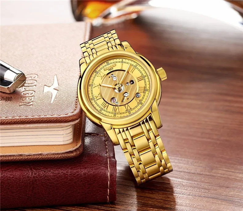 Бингер сталь золотые часы мужские повседневные Скелет водонепроницаемые светящиеся часы военные часы автоматические механические часы