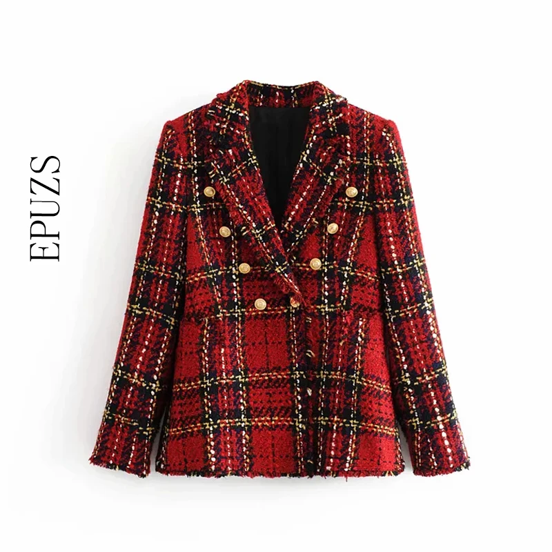 Женский твидовый блейзер в клетку Красный винтажный пиджак стиле пэчворк