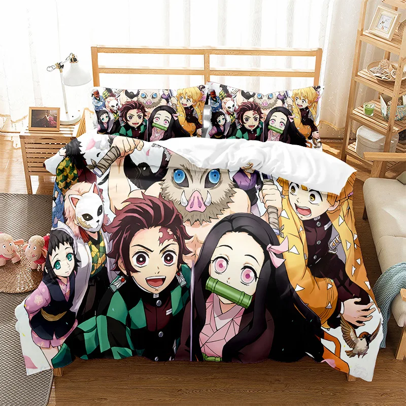 Demon Slayer Bedding Set with Zipper Pillowcases Polyester Microfiber 2/3 Piece Anime Comforter Set Bedspreads for Home Decor