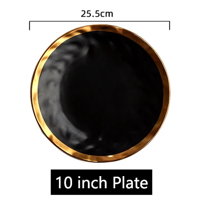 Black 10 inch Золотая инкрустация, матовая фарфоровая обеденная тарелка, роскошная круглая тарелка для свадебной вечеринки, домашняя декоративная посуда и тарелки, набор посуды - Цвет: Black 10 inch