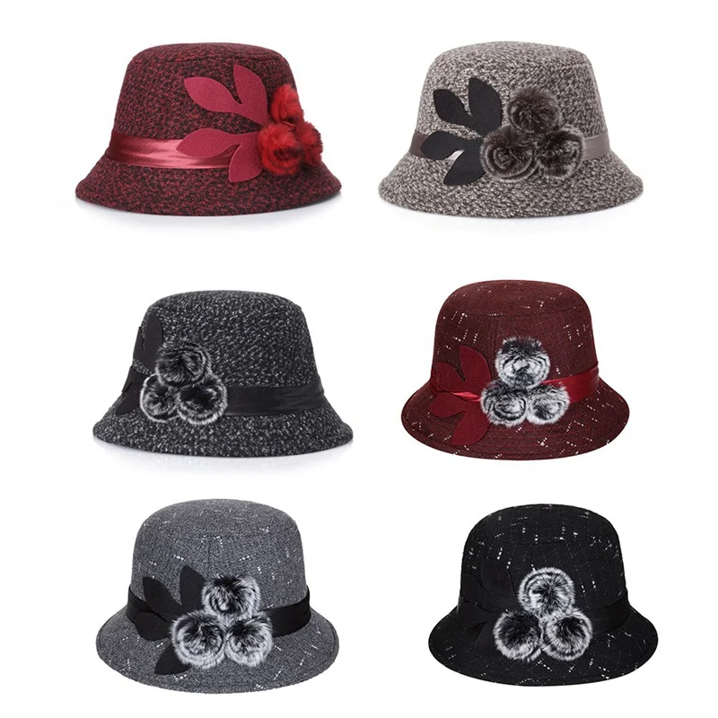 Новая женская шляпа Fedora, Женская шерстяная купольная шапка для девочек, осенне-зимняя шерстяная шапка с цветком, шерстяная купольная шапка