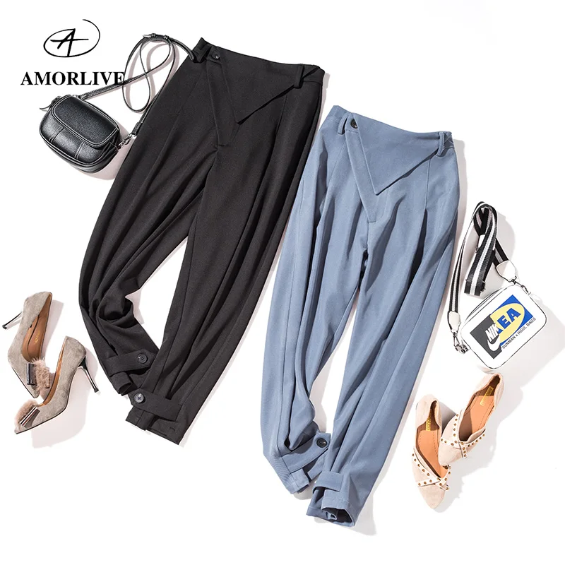 

AMOR LIVE Casual Thick Winter Woollen Harem Pants Woman Unique Button Design Female Warm Stretch Fabrics Tighten Leg Pant