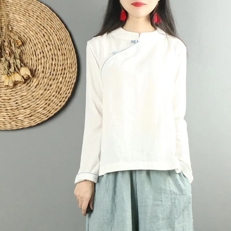 cheongsam Топ Ципао традиционная Восточная китайская одежда для женщин топы с длинным рукавом Хлопок и лен воротник Мандарин