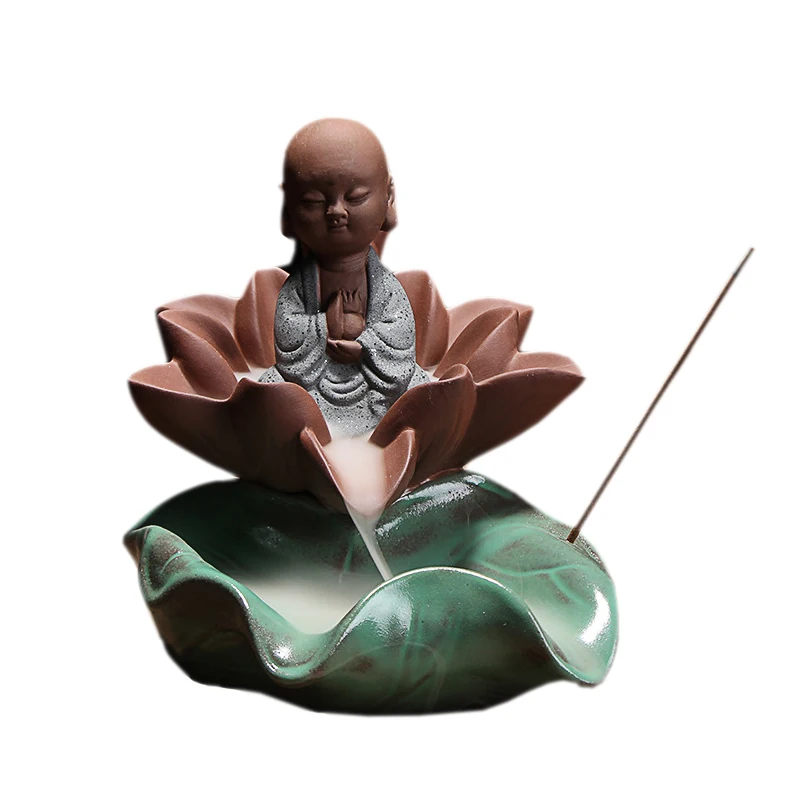 Home Decoration The Little Monk Lotus Flower Censer Blackflow Incense Cones Or Incense Stick Burner Smoke Ceramic Censer