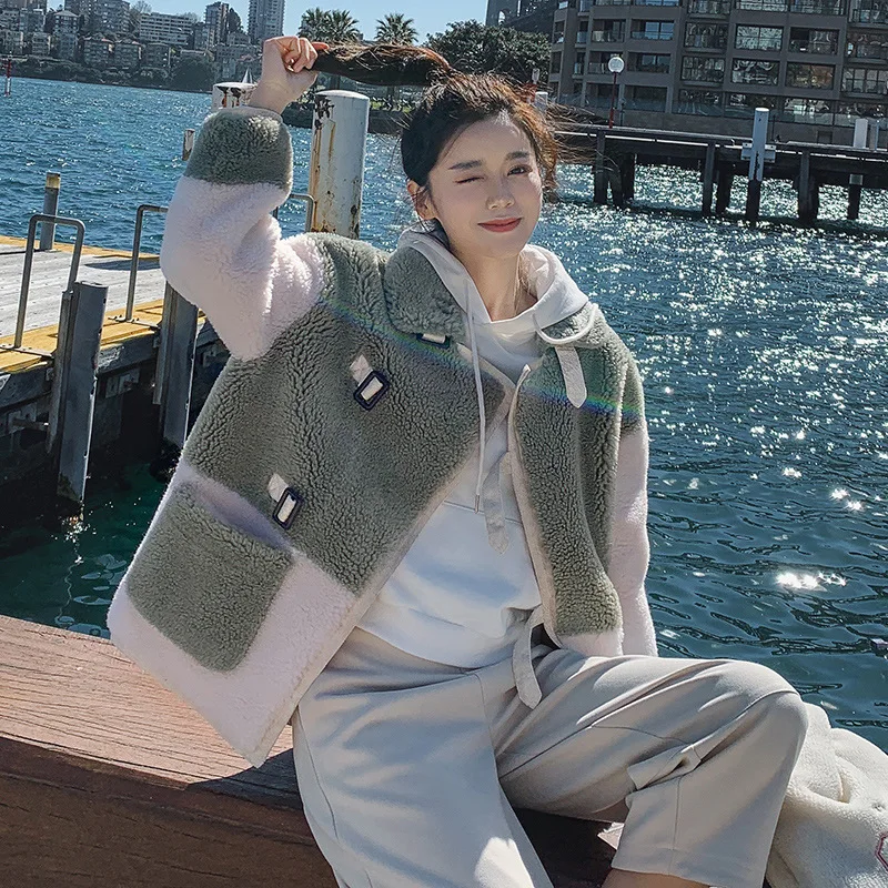 

Photo Shoot 2019 Autumn & Winter New Style CHIC Korean-style Loose Green Versatile Lambs Wool Joint Contrast Color Short Jacket