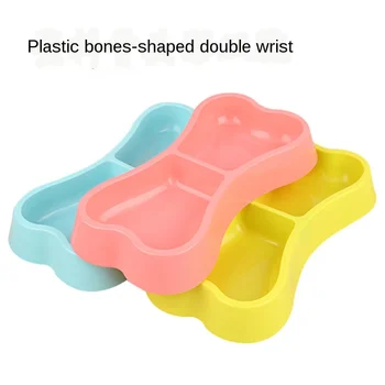 

Pet Tableware Candy-colored Plastic Bone-shaped Anti-skid Double Bowl Dog Food Bowl Cat Bowl