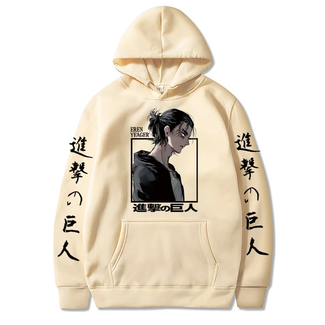 Attack on Titan Eren Yeager Anime Hoodie Men Women Streetwear Hip Hop Unisex Sweatshirt Harajuku Oversized Hoody Tops Beige