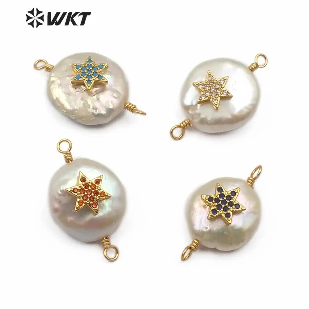 

WT-MC274 Natural Freshwater Pearl Connector Hexagonal Star Cubic Zirconia Pave Natural Pearl Charm Connector For Jewel Making
