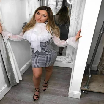 

Fashion Womens Plaid Skirts Ruffles Slim High Waist Bodycon Skirt Preppy Style Check Dog Tooth Check Frill Zipper Mini Skirts