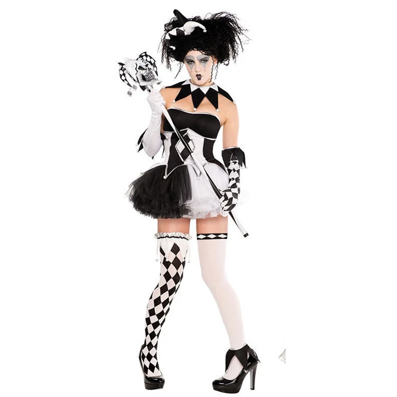 Новая пара клоуна Косплей Костюм для взрослых Хэллоуин вечерние черно-белое платье клоун цирк костюм Джокера для женщин и мужчин - Цвет: Clown costume 1