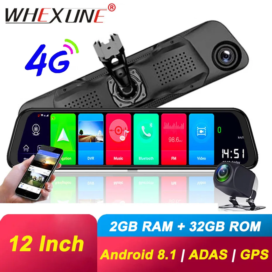 WHEXUNE 12 inch 4G Car DVRs ADAS Android 8.1 Dash Cam Camera GPS Navigation FHD 1080P Dual Lens Video Recorder Registrar Dashcam