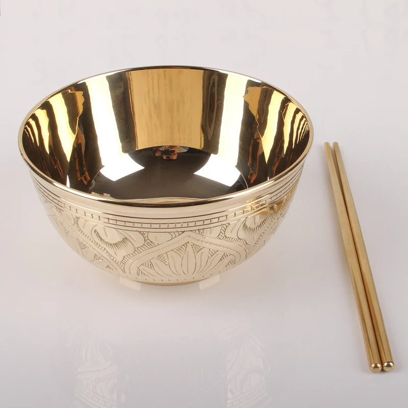 Mottled 4-5-6 inch copper bowl rice bowl India imported pure copper bowl household tableware set copper chopsticks spoon noodle bowl - Color: Mottled