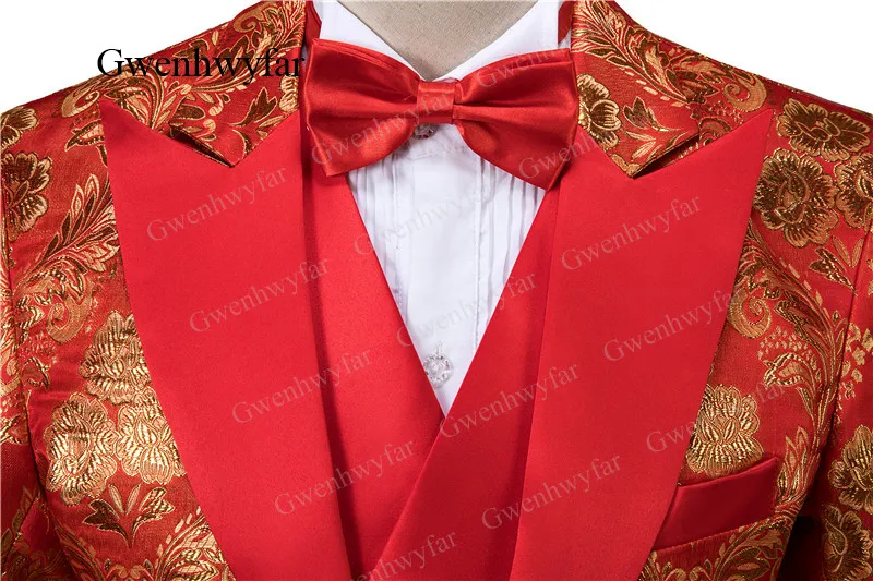 Gwenhwyfar Luxury Gold Embroidery Red Costume Homme Asian Topic Wedding Men Suit Blazer Waistcoat Pants Bowtie